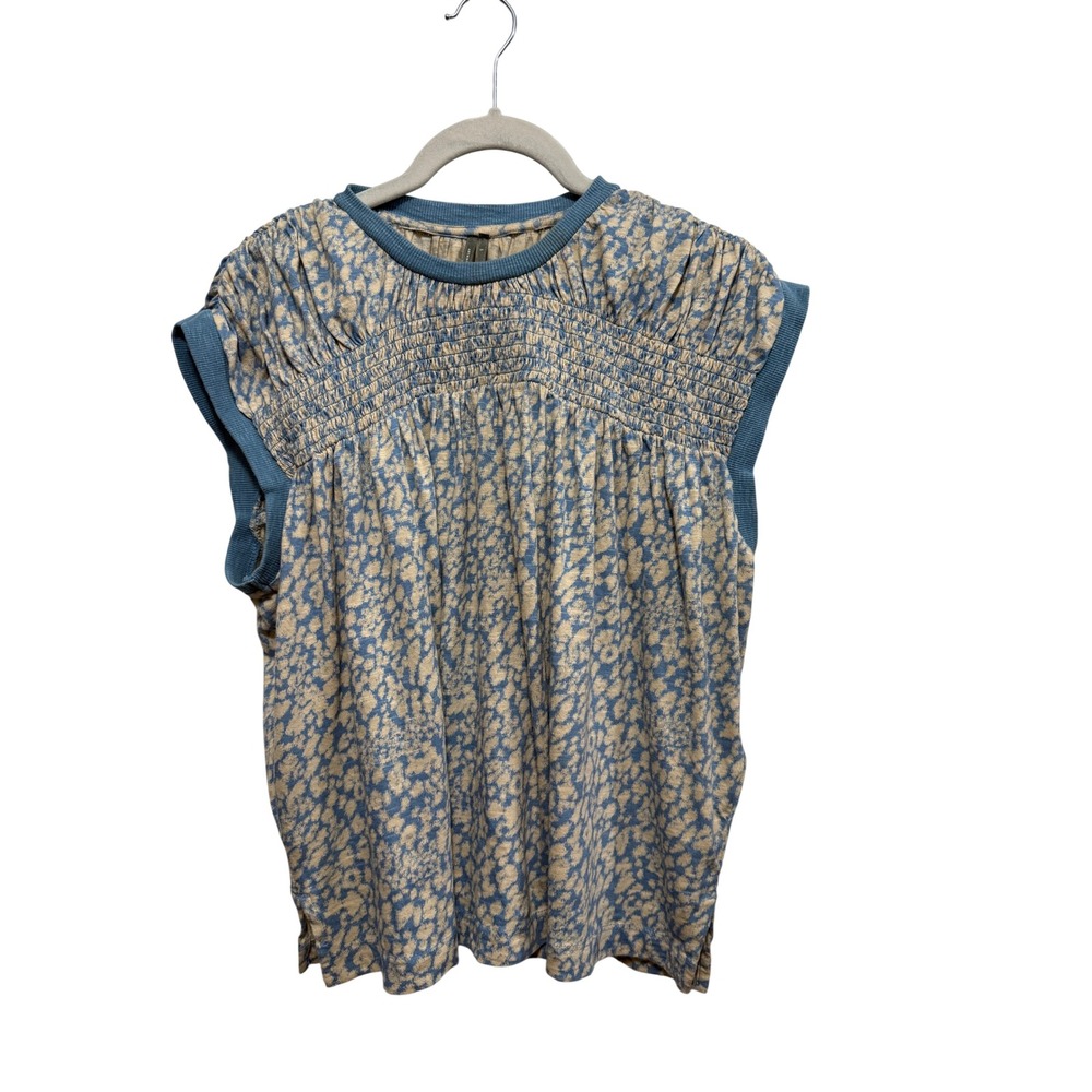 Anthropologie Blue Floral Leopard Smocked Sleeveless Cotton Top Small OB2230890